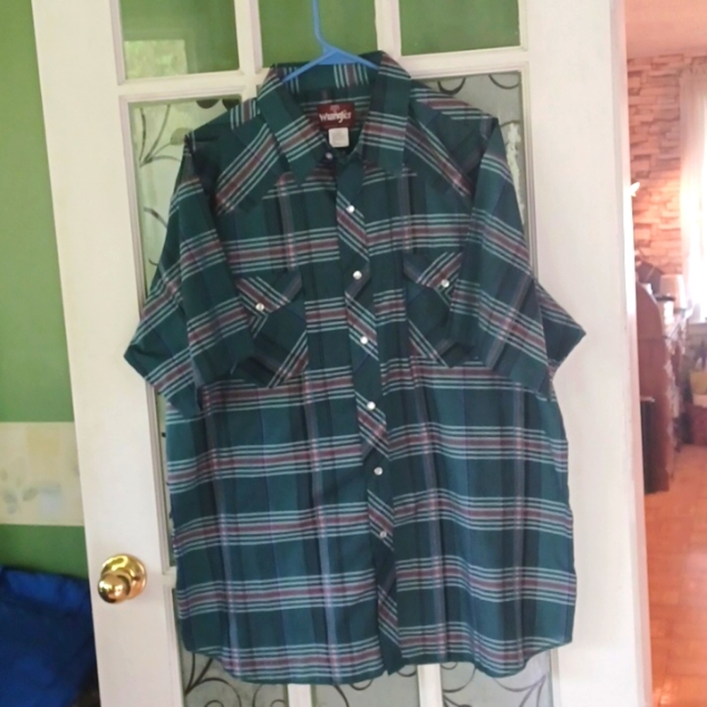 Wrangler Western shirt men's size xlarge pearl snaps green plaid
